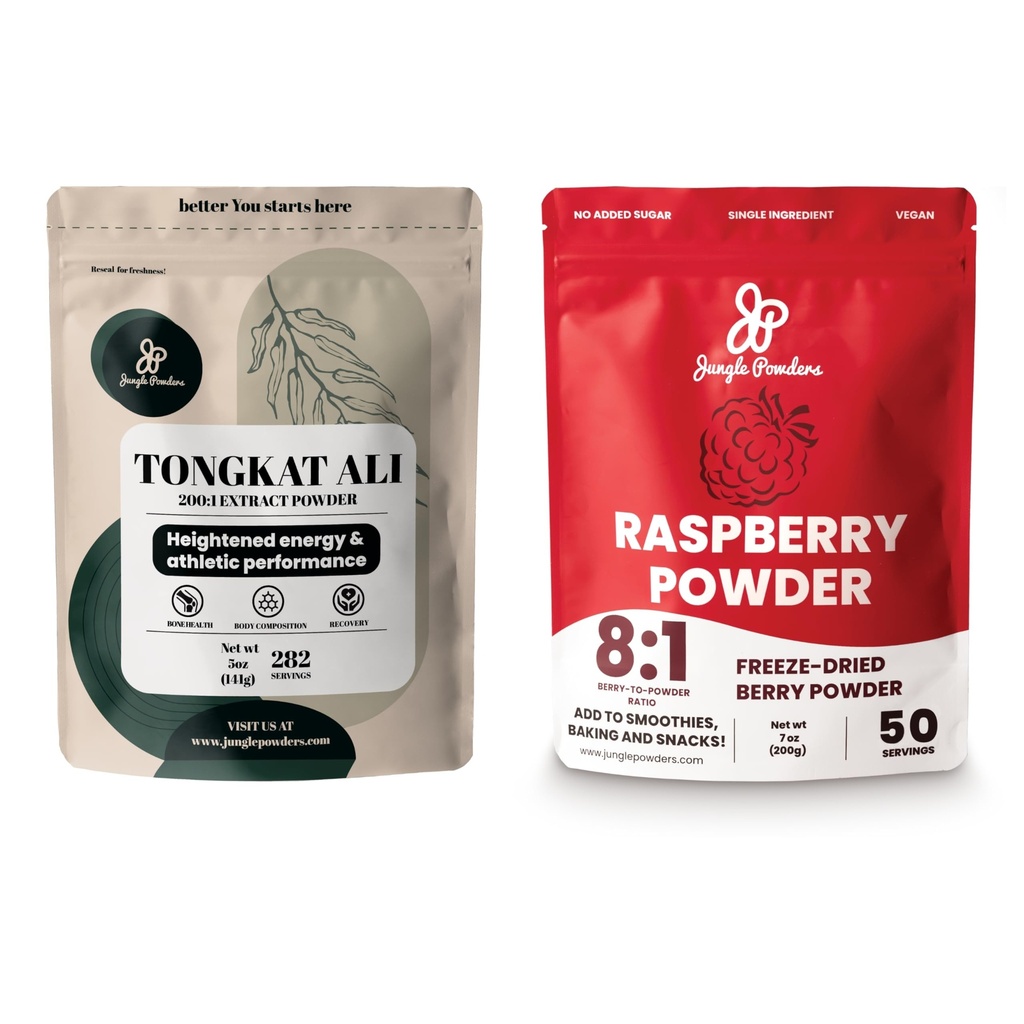 Jungle Powders Premium 5oz Tongkat Ali & Freeze-Dried 7oz Raspberry Bundle - Eurycoma Longifolia Powder Supplement for Men's Health Support paired with Unsweetened Red Superfood Extract for Baking
