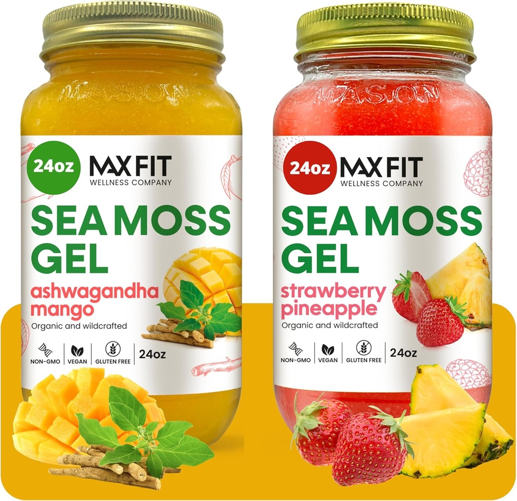 海母猪笼草(Bundle of 2 Jars 24oz) Ashwagandha Mango和草莓菠萝 野生金海母猪笼草(Moss Gel) 92 维生素和矿物 |纯Raw+非GMO | Vegan超级食品