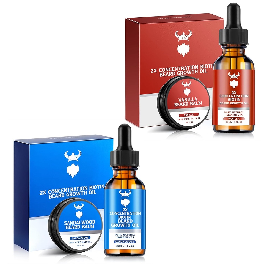 Sandalwood Beard Growth Oil,其中男子2X富集生物素和Vanilla Beard Growing Oil,其中男子2X富集生物素,天然成份和胸毛生长
