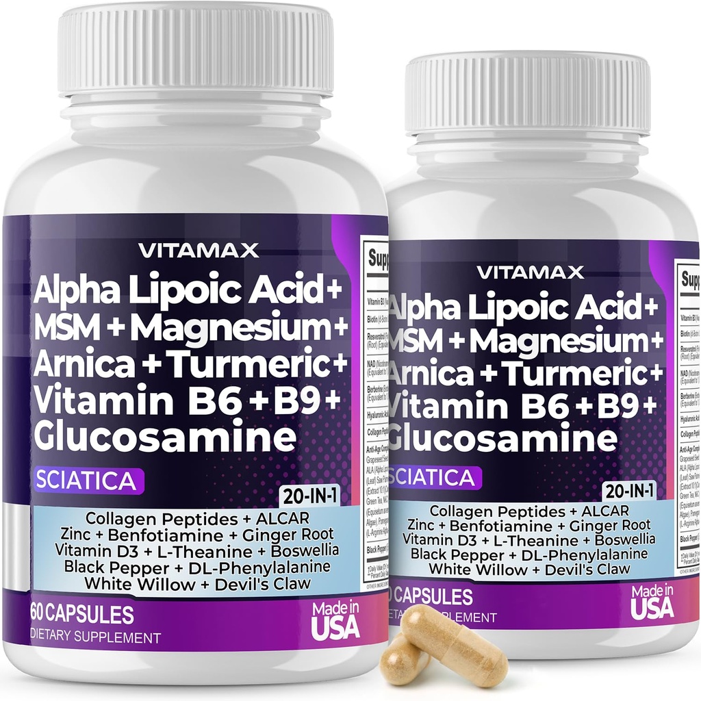 Sciatica Nerve健康支助 -- -- 含叶酸的Sciatic Nerve Capsules, Pea, Glucosamine, MSM,维生素B 复合体,Alpha Lipoic Acid 300mg -- -- 在美国制造(60个计数(包2))