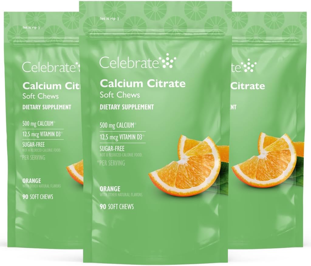 庆祝维生素Bariatric 500mg钙 Citrate Soft Chews,配有500 IU维生素D3 – 对胃旁路患者和骨健康至关重要 – 糖和葡萄糖免费,橙色(270 Chews)