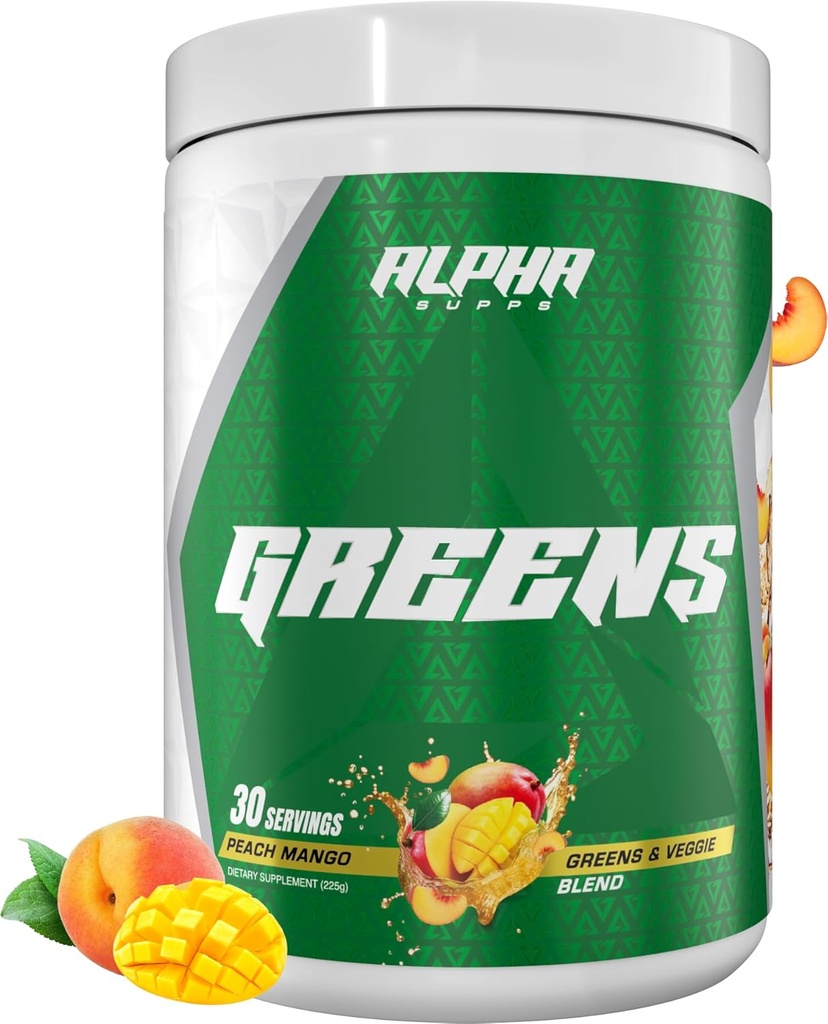 Alpha Supps - Alpha Greens Suppers – 果实和蔬菜超级食品 粉末 – 超过 40种基于自然植物的原料 – Prebiotic & Probiotic 文摘支持 – 30 services (Peach Mango)