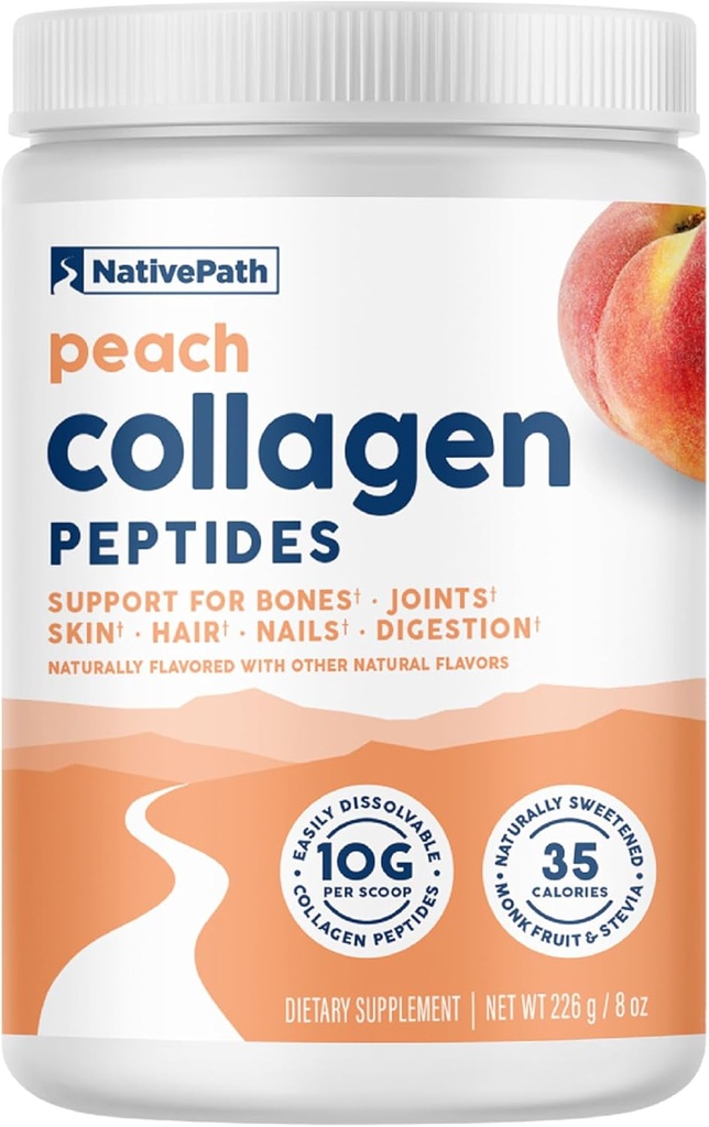 原生Path Colagen Peptides - 水解1型和3型Colagen. Keto & Paleo Grass-Fed蛋白粉,用于发型、皮肤、钉子、骨骼、关节、文摘和更多 -- -- 没有胶片或乳制品(Peach,226g)