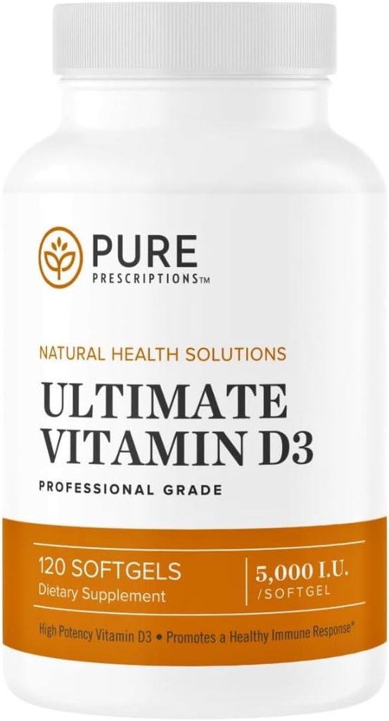 纯处方 最终维生素D3-5 000 IU - 高吸附维生素D 补充剂,用免疫系统和心血管支持促进健康骨骼 - 120 Softgel - 美国制造
