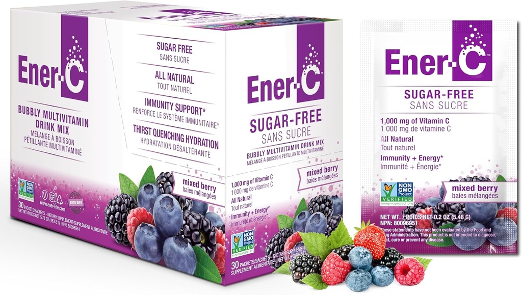 Ener-C 无糖能源 混合Berry 多维他命 饮料 混合维生素 C 1000mg & Electrolytes - 用真正的水果汁粉 Non-GMO Vegan & Gluten Free - 30 Count