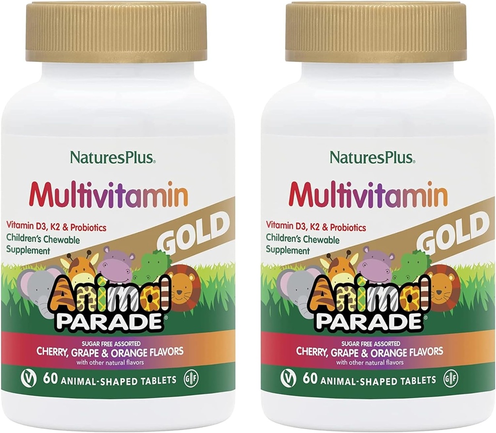 NaturesPlus Animal Parade Gold Children's Multivitamin - Assorted Cherry, Orange & Grape Flavors - 60 Chewable Tablets, Pack of 2 - Vegetarian, Gluten Free - 60 Total Servings