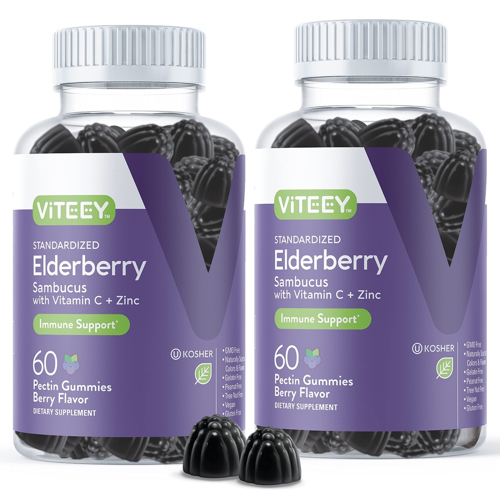 Viteey Sambucus 老年人的草莓果酱 – Elderberry 维生素C和锌类的豁免 – Vegan, Gluten-Free – 120 Counter