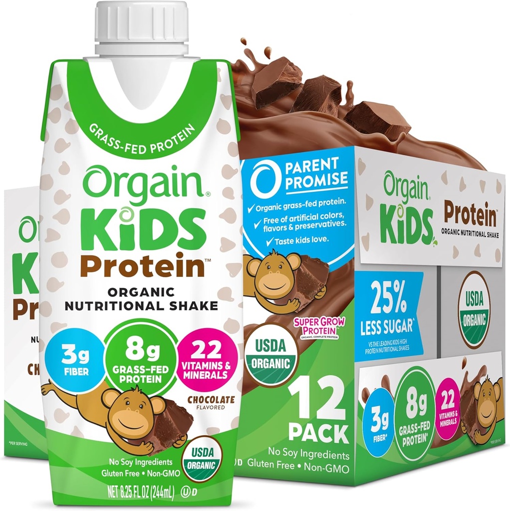 Orgain Organic Kids Protein Nutritional Shake, Chocolate - 8g of Protein, 22 Vitamins & Minerals, Fruits & Vegetables, Gluten Free, Soy Free, Non-GMO, 8.25 Fl Oz (Pack of 12)