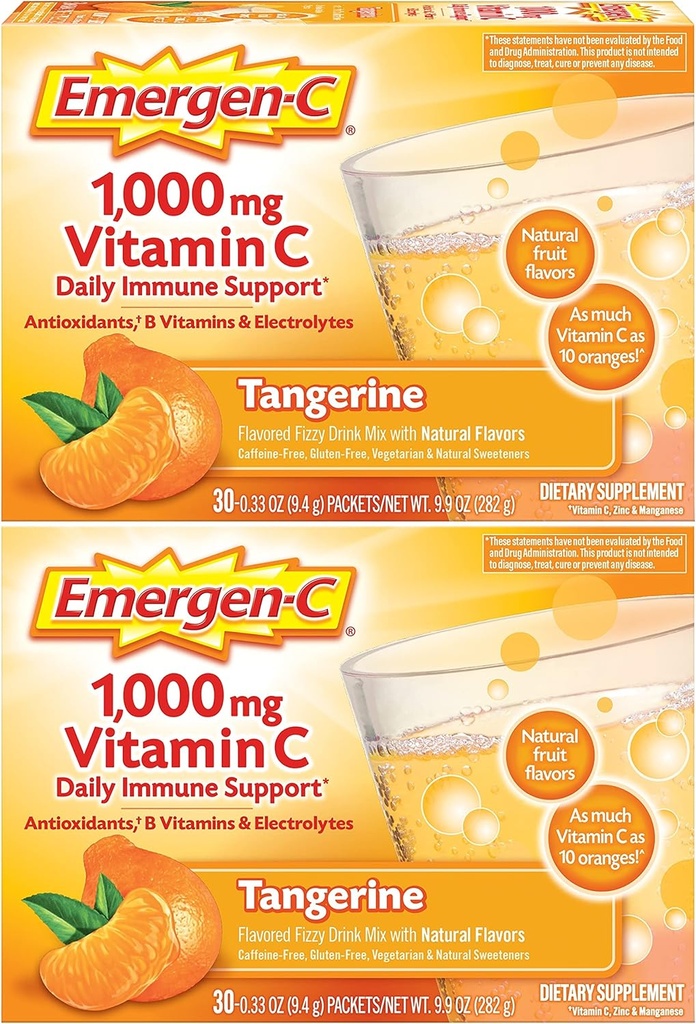 Emergen-C 1000mg 维生素C 粉末,配有抗氧化剂,B 维生素和电解质,维生素C 辅以免疫支持,咖啡因免费饮用混合剂,Tangerine Flavor - 60 Count/2个月供应