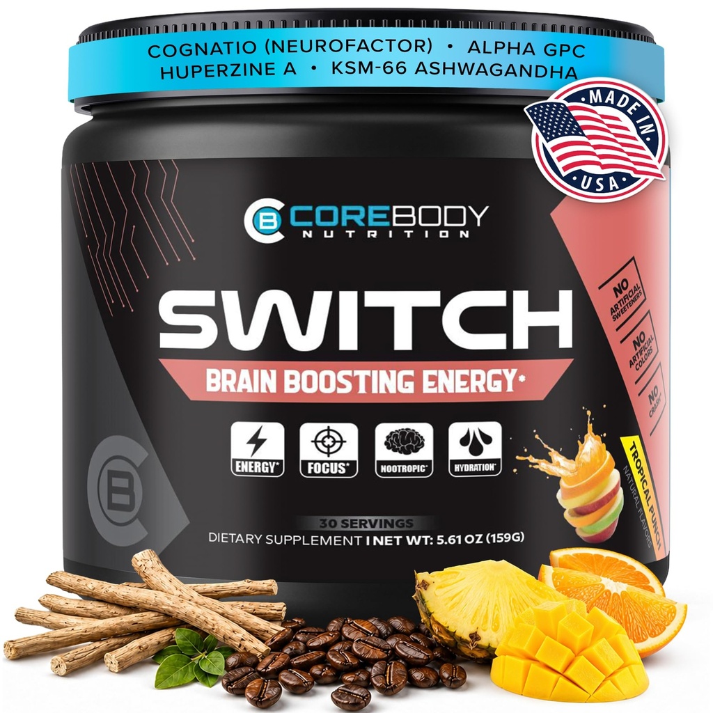 CoreBody Switch Energy Drinch Mix - Notrophics Brain Supports for memory & Focus, 糖无能促进器与Nootrophics, Alpha GPC, All Day Focus * (热带冲锋枪)