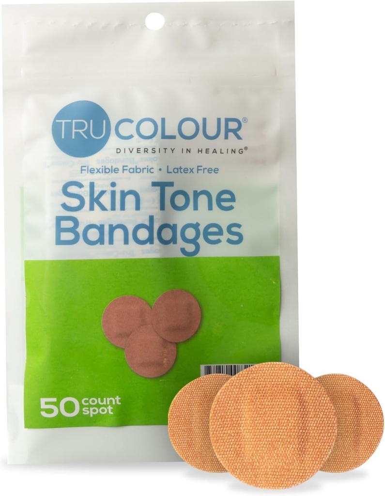 Tru-Colour Skin Tone Spot Bandages, Resealable Bag (50 Count) - Flexible, Waterproof, PFAS-Free Adhesive Strips Help Protect Blisters, Pimples, Pokes - Olive
