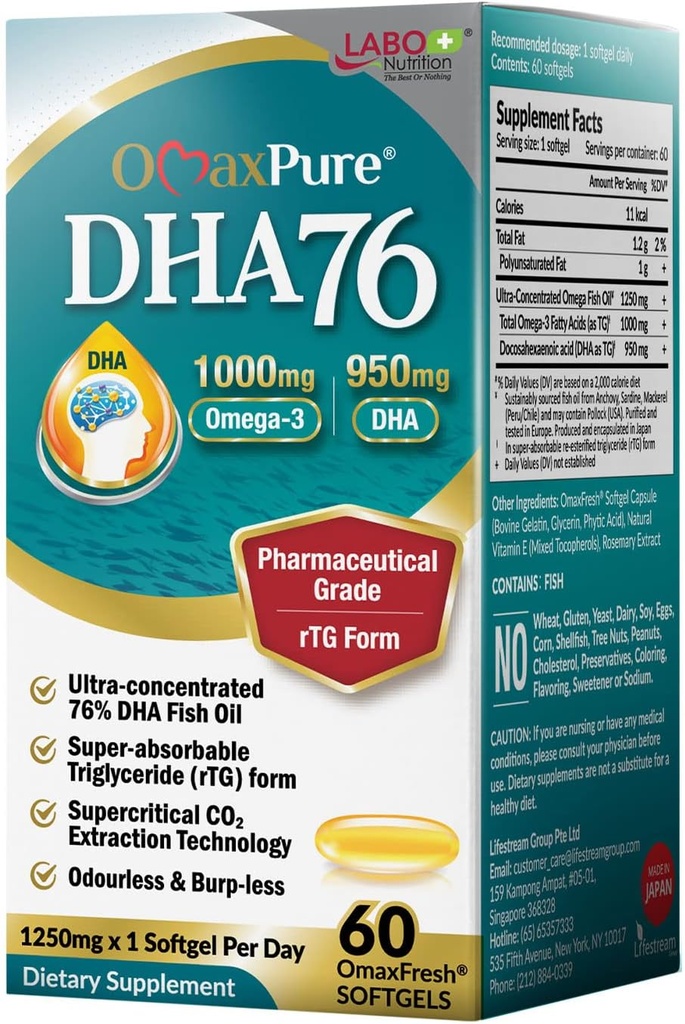 LABO 营养 OmaxPure DHA76 Omega 3 鱼油,超集中度 76% 950mg DHA, EPA, 60 Counter, 药品级,超临界CO2 提取rTG Form,用于心脏,联合,大脑和免疫健康