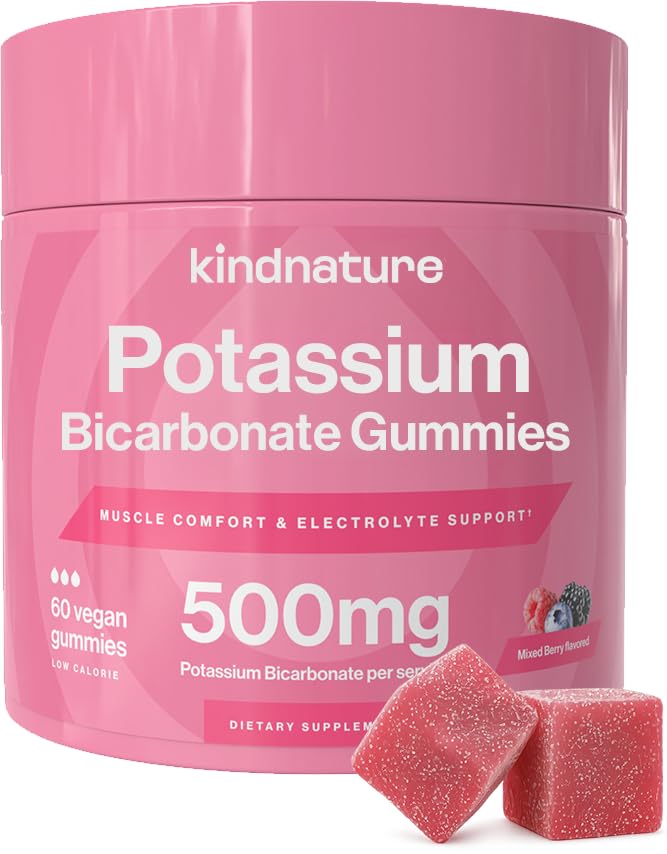 KINDNATURE 高钾补充剂 Gummys 500mg - 成人与儿童可烹饪 - 纯钾 Bicarbolate 矿物补充剂 - Vegan, Gluten Free, Non GMO - 60 Gummys (30天供应)