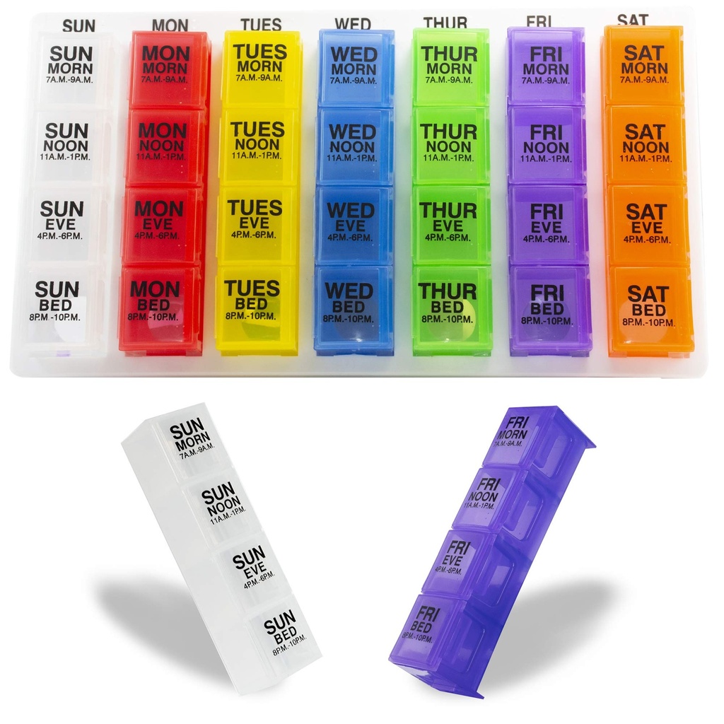 GMS 4 Times a Day Weekly Pill Reminder for Medication, Vitamins, Supposes and other Pills - 包括平白托盘中的7个可移动药盒(Rainbow)