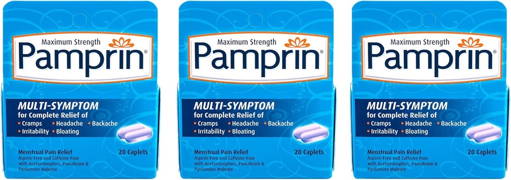 Pamprin 多声波公式, 带有 Acetaminophen, Mendrual Propertions Symptoms Relief, 20 Caplets (Pack of 3)