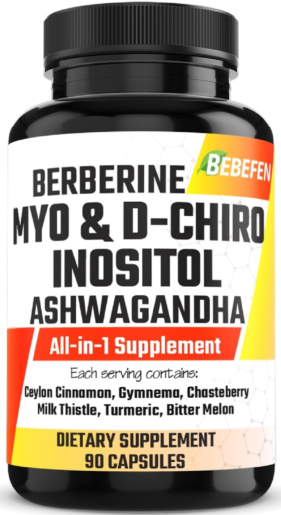 Myo-Inositol & D-Chiro Inositol Capsules 配有 Ashwagandha, Berberine, Cinnamon, Gymnema, Chasteberry, 牛奶硝酸盐, Turmeric, Bitter Melon - 90 Capsules