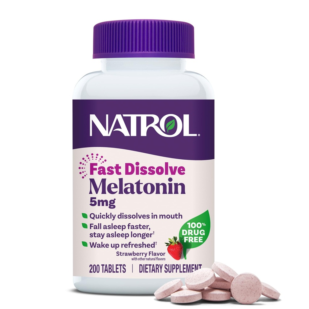Natrol Melatonin 5mg 快速溶解片,成人睡眠支持补充,草莓Flavor,200张,最多200天供应