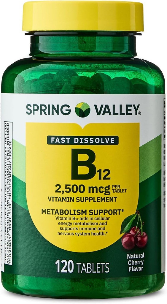 维生素B12 快速溶解药片 饮食补充,2 500 Mcg, Cherry, 120 Counter and Portable Pill 容器(2个项目)