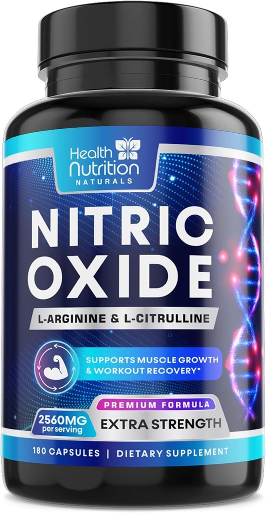 Nitric Oxide Booster 2560mg - Extra Strength L Arginine & Citrulline Supplement for Men & Women - Premium Muscle Supporting Nitric Booster - Natural Energy & Heart Health Support - 180 Capsules