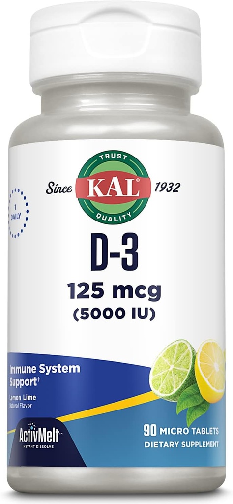 KAL 维生素 D-3 5000 IU ActivMelt,即时溶解,天然柠檬莱姆火焰,健康免疫功能和骨支持,90位服务,90位微片
