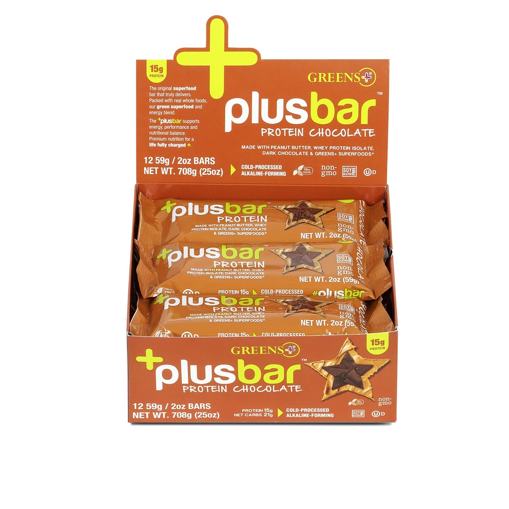 Greens+ Plusbar 蛋白质, 暗巧克力, 15g Whey 蛋白质隔离剂, Gluten-Free Snack with Organic Super Greens & Superfoods, Vegan, 奶油无味,非GMO, Meal Control, 12 Pack