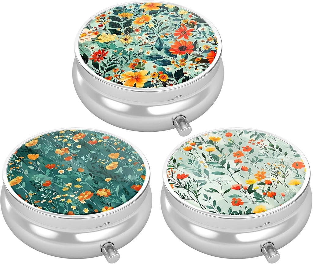 3 Pack Pill Box, Small Pill Case for Purse & Pocket, Cute Travel Medicine Organizer, Portable Medicine Container Holder to Hold Vitamins, Medication, Fish Oil & Supplement, Pretty Flowers