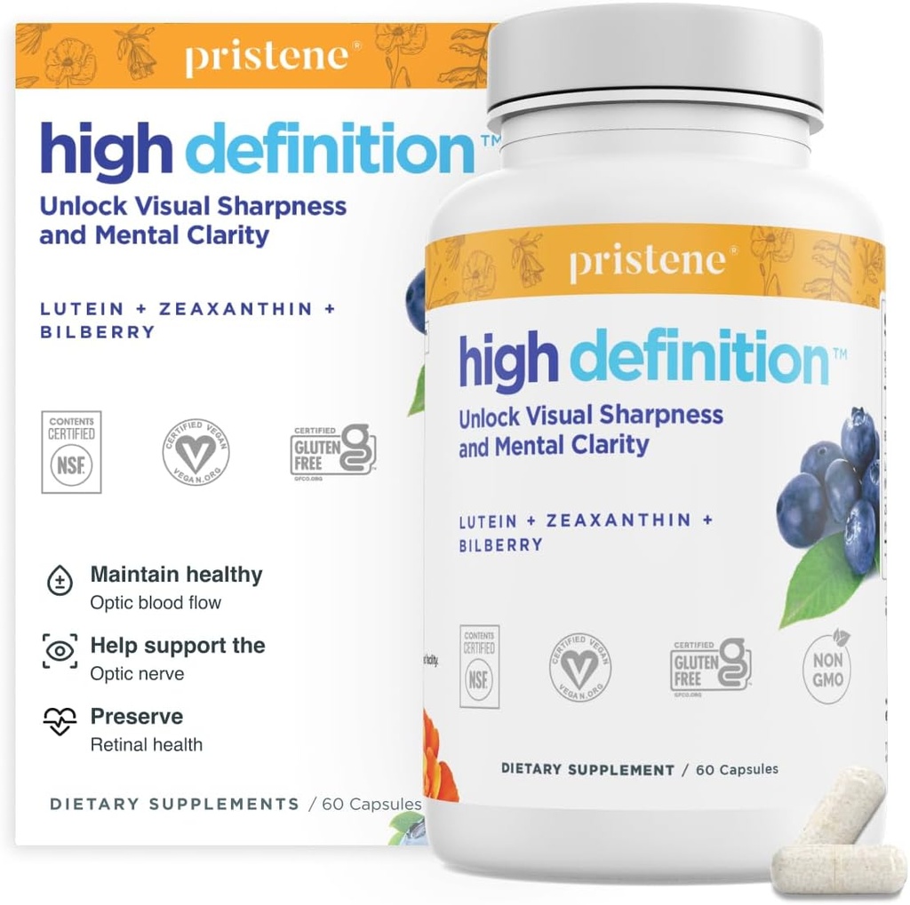 高定义脑+眼维生素用于记忆,聚焦和集中,Lutein & Zeaxanthin(25mg/5mg)用于保护你的眼睛免受蓝光和屏幕的伤害,Bilberry用于眼睛的补充以支持 BDNF