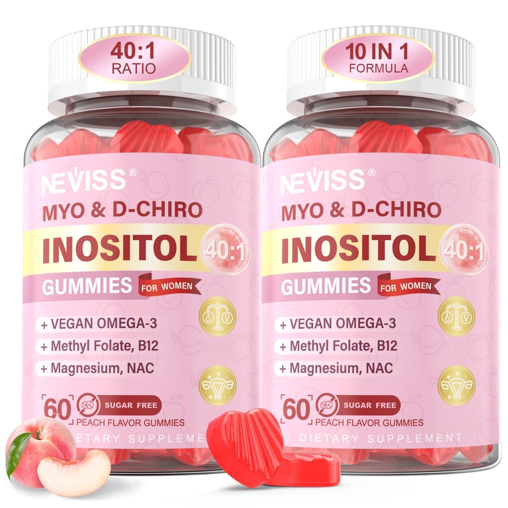 Myo-Inositol & D-Chiro Inositol Gummies for Women 2000mg + 50mg, 40:1 Ratio Inositol with Vegan Omega-3 + D3, Magnesium Glycinate, Methyl Folate + B12 for Female Health & Wellness, Sugar Free, 120 Cts