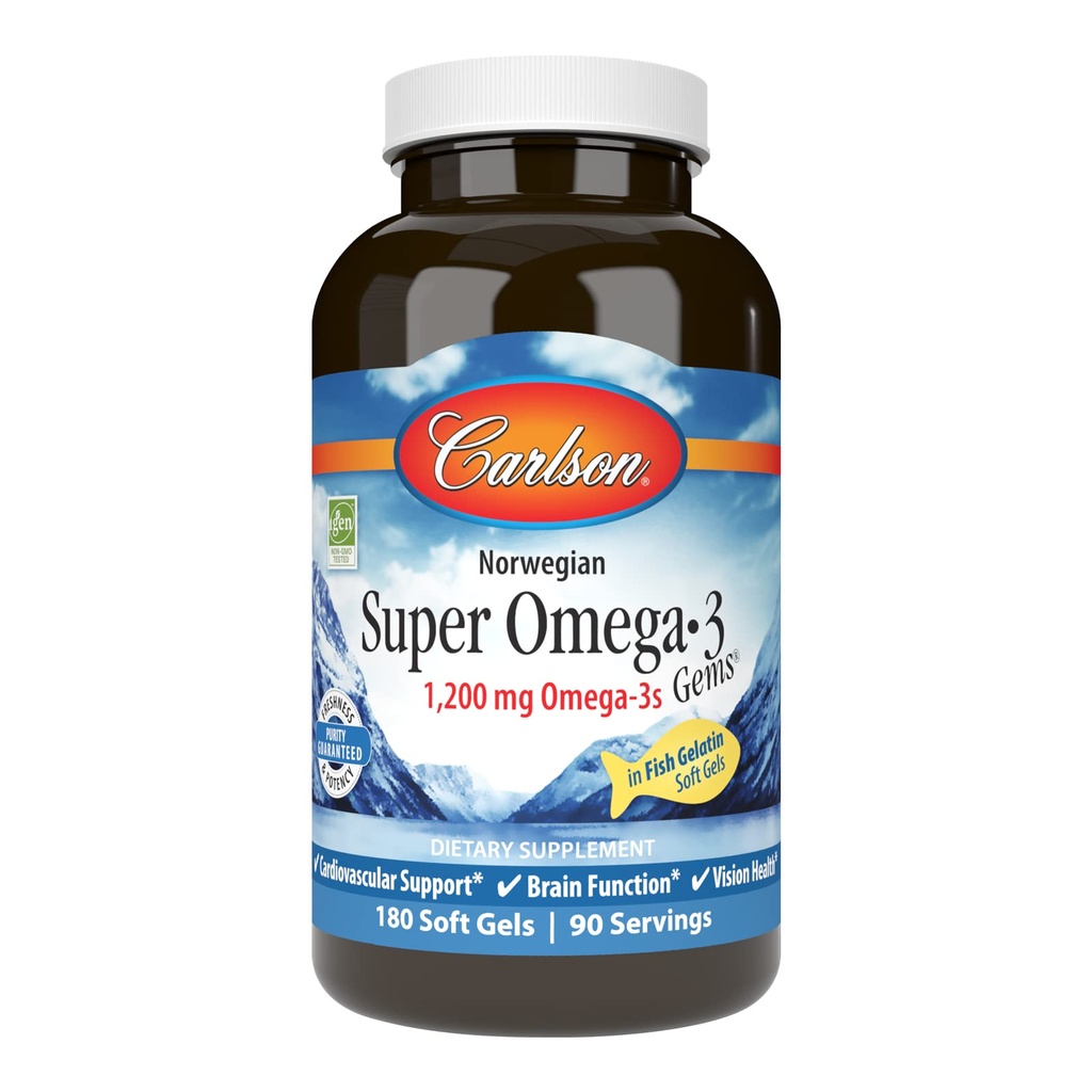 Carlson - Super Omega-3 Gems, 1200 mg Omega-3s,心血管支持,脑功能与视觉健康,挪威,180软凝胶