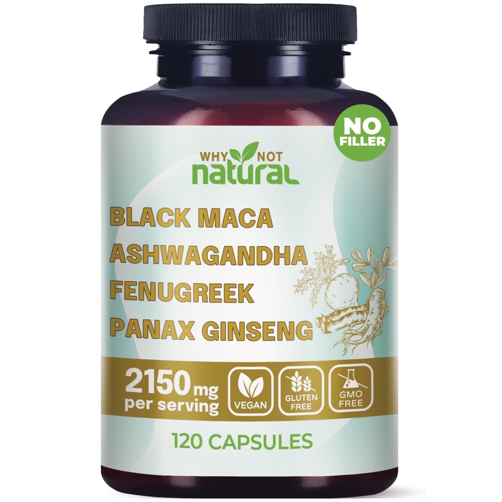 何不自然4-in-1 有机黑色马卡根, Ashwagandha, Fenugreek, Panax Ginseng Capsules, 男女补编