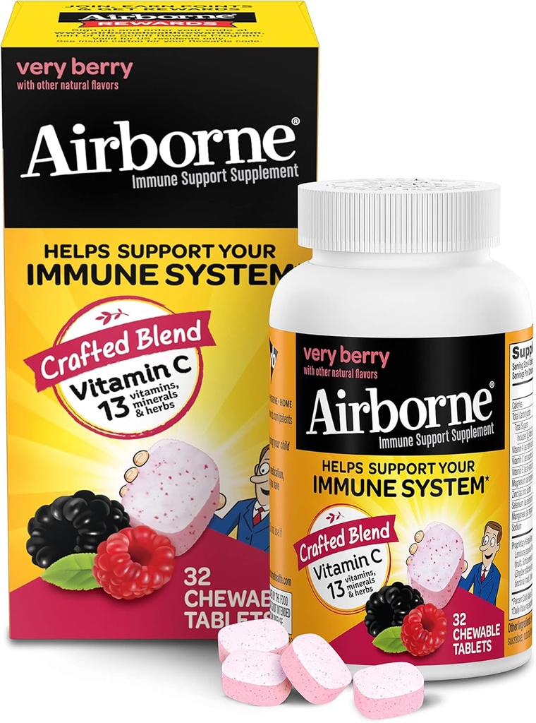 空载维生素C 1000mg(每架服务) Very Berry Chewwots (32 Counter in a Box), Gluten-Free Immune 支持补编,配有维生素A C E, ZINC, 硒, Echinacea & Ginger, 抗氧化剂