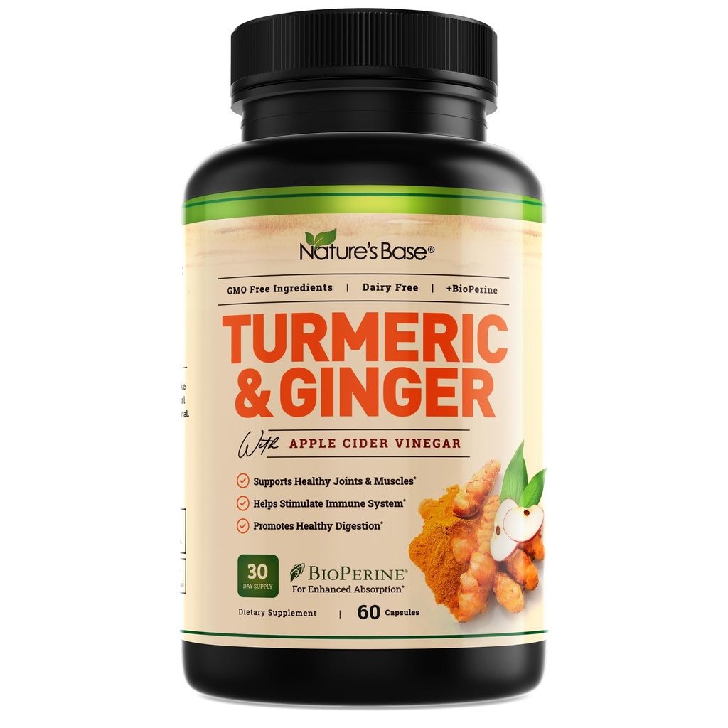 自然基图尔克和姜汁补充剂 - 配有 Curcumin, Apple Cider Vinegar & BioPerine Black Pepper 提取剂 - 95% Curcuminoids - 60 Capsules
