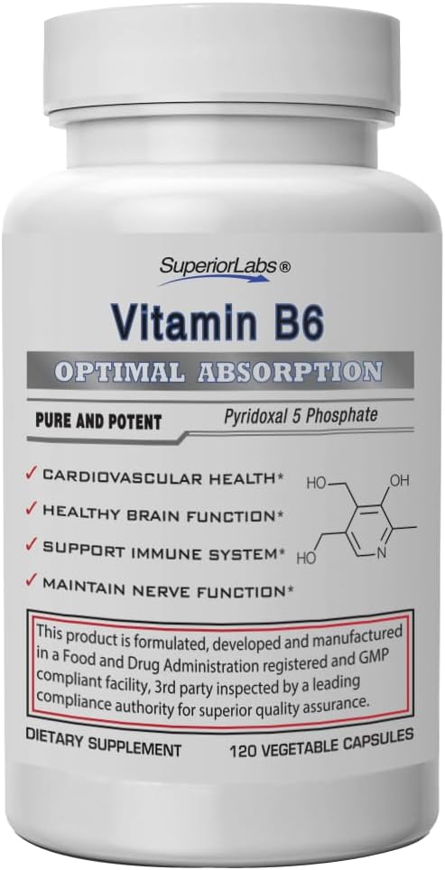 高级实验室维生素B6 50mg,纯非GMO补充,高吸收,支持免疫和神经系统,脑功能,代谢和心脏健康,血红蛋白生产必需,120 Veg Caps