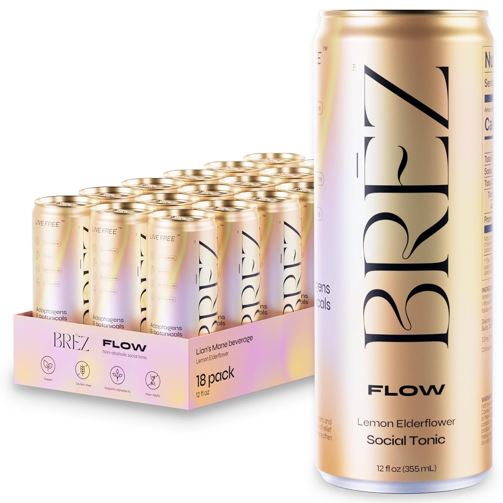 BREZ FLOW LOW LON的马恩蘑菇饮品,18-Pack,无营养,适配剂,解脱,升华,以及社交,闪亮的柠檬长花汤力 12 Fl oz