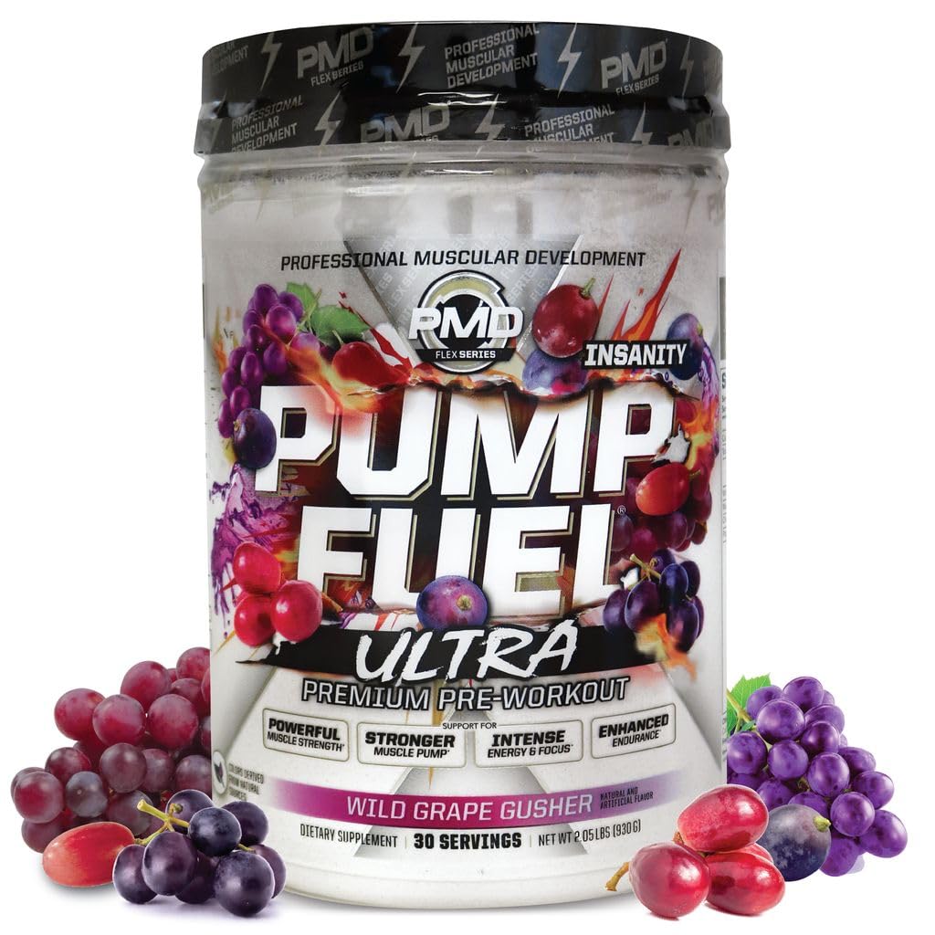 PMD 运动泵燃料 Ultra Insanity - Premium Prewout Powder & Muscle Pumn, 更聚焦,耐力和复苏,Premium Creatine, Arginine & Beta Alanine - 野葡萄 Gusher(30位服务员)