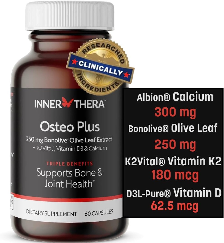 Osteo Plus 4-in-1 综合补充 - 含维生素D3,K2和Bonolive的钙 - 支持健康老龄化 - 无胶,非GMO,Vegan(60 Counter)