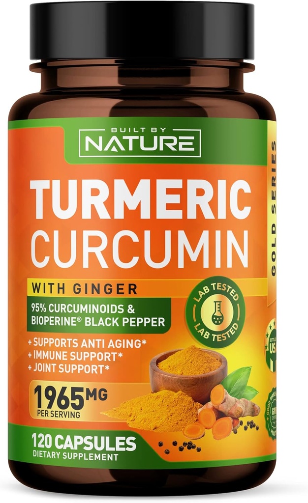 Turmeric Curcumin 1965mg 配有 Ginger & BioPerine Black Pepper 提取器 - 高吸收率 95% Curcuminoids 用于联合和抗氧化剂支持 - 非 GMO, Gluten-free, Vegan - 120 草药补充卡普尔