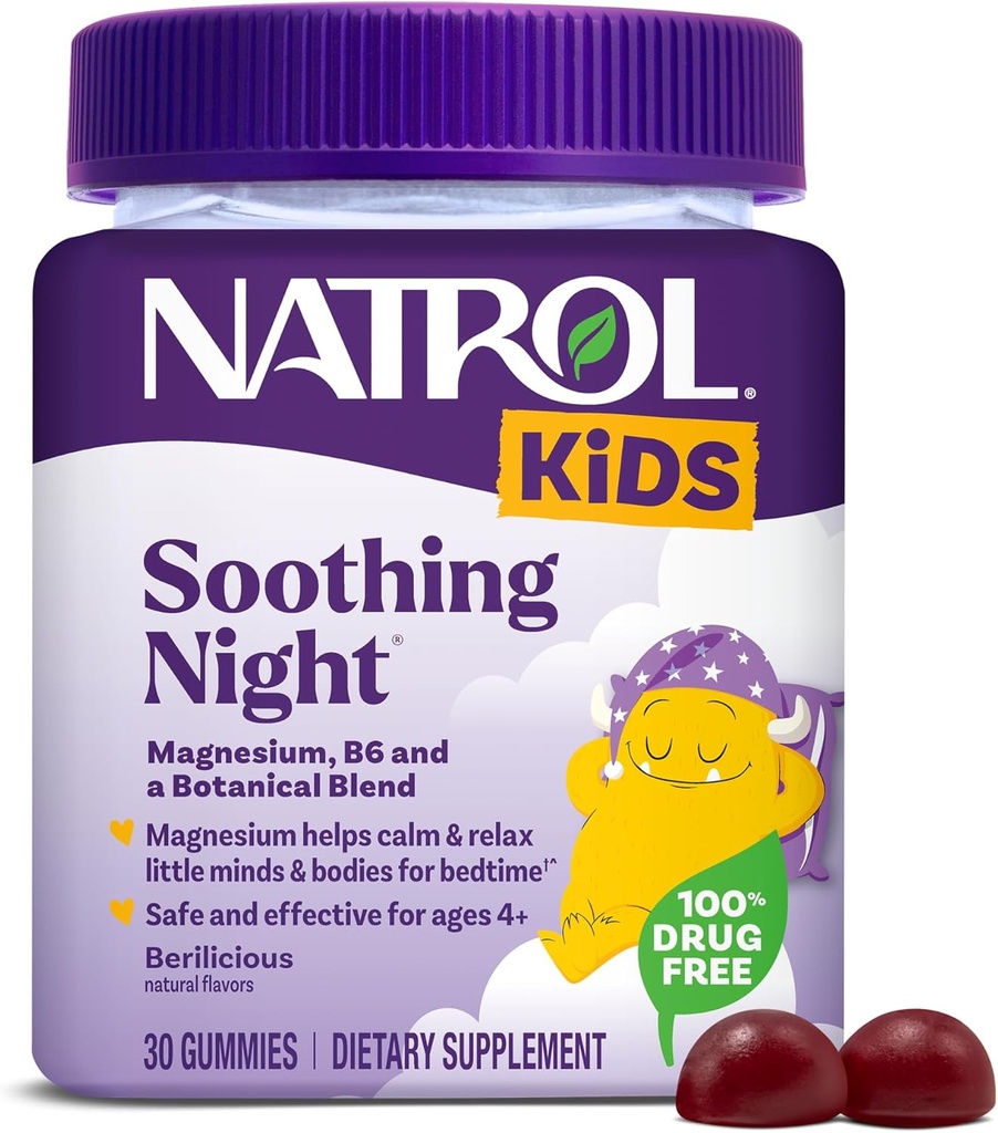 Natrol Kids Soothing Night Magnesium Citrate Gummys, 帮助冷静和放松小头脑和身体为那些在Magnesium的低血糖睡觉时间, 加维生素B6支持大脑功能, 30贝利菌Gummys