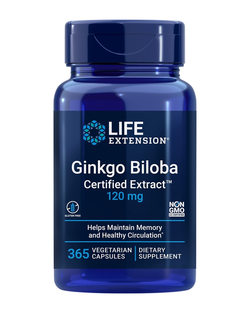 寿命延长 Ginkgo Biloba 认证提取器,120毫克,帮助维持记忆和认知,无胶囊、无胶囊、蔬菜,365卡普尔