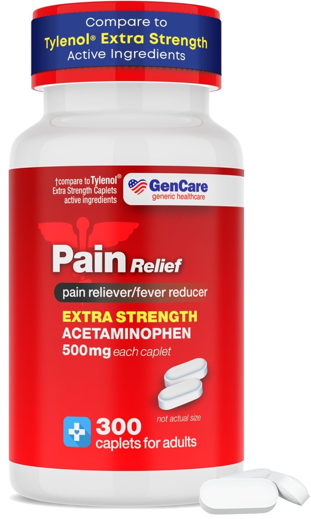 GenCare - Acetaminophen 500mg 超强止痛药(300卡) - 头痛、西努斯、关节炎、后痛肌肉痛、牙痛、减少发热剂、米格赖因的多症状止痛药