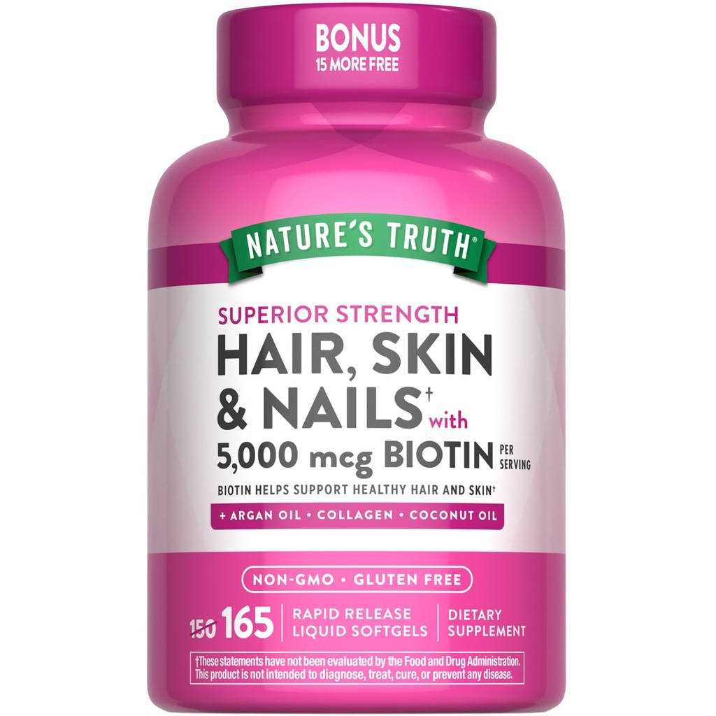 Nature's Truth hair, Skin & Nails Vitamin → 5000 mcg Biotin → 165 软胶 → 与 Collagen → Non-GMO & Gluten 免费补充