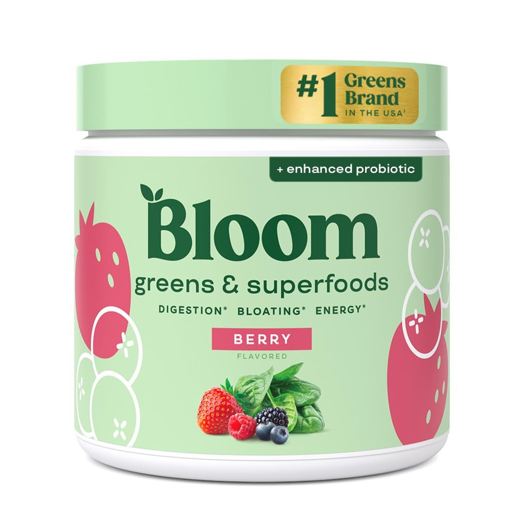布鲁姆营养超食品 绿皮粉 消化酶与Probiotics 和 Prebiotics, Gut Health, Bloating Relief for Women, Chlorella, Green Juice Mix with Beet Root Powder, 30 SVG, Berry (英语).
