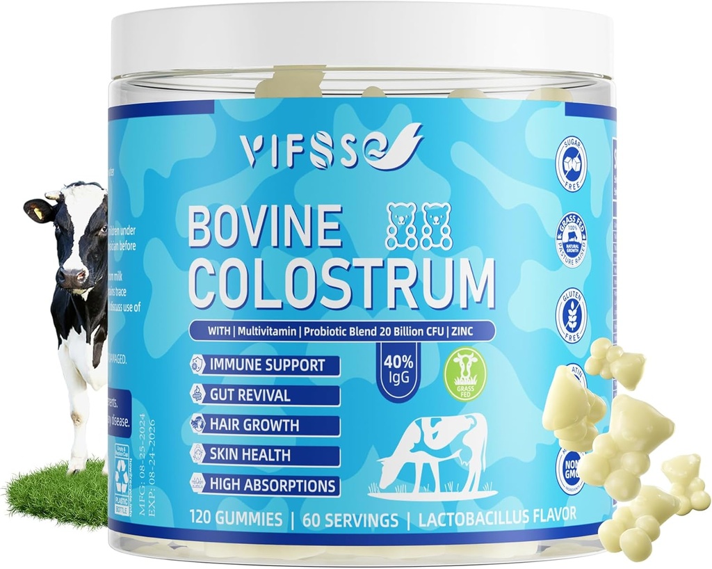 Grass Fed Colostrum Supplement 2000mg, 120 Gummys 免糖40% IgG Bovine Colostrum Gommys + Probiotic, 多维他命 Etc 用于免疫支持, Gut支持, 头发和皮肤