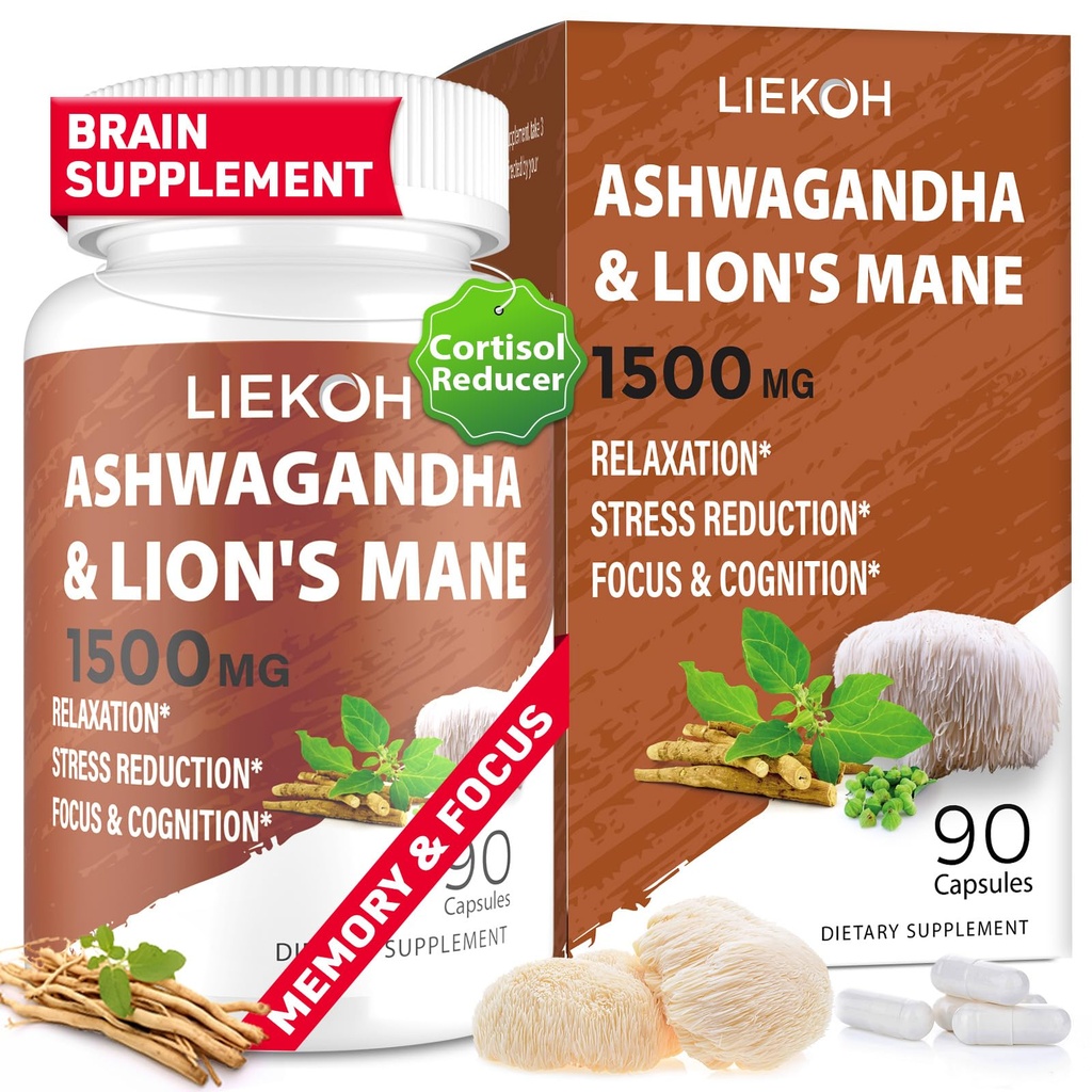 Ashwagandha & Lions Mane 补编 Capsules, 记忆和焦点的大脑补充, Ashwagandha 与 Rhodiola & Black Peppe 的补编 Cortisol 男女补充,90 Caps