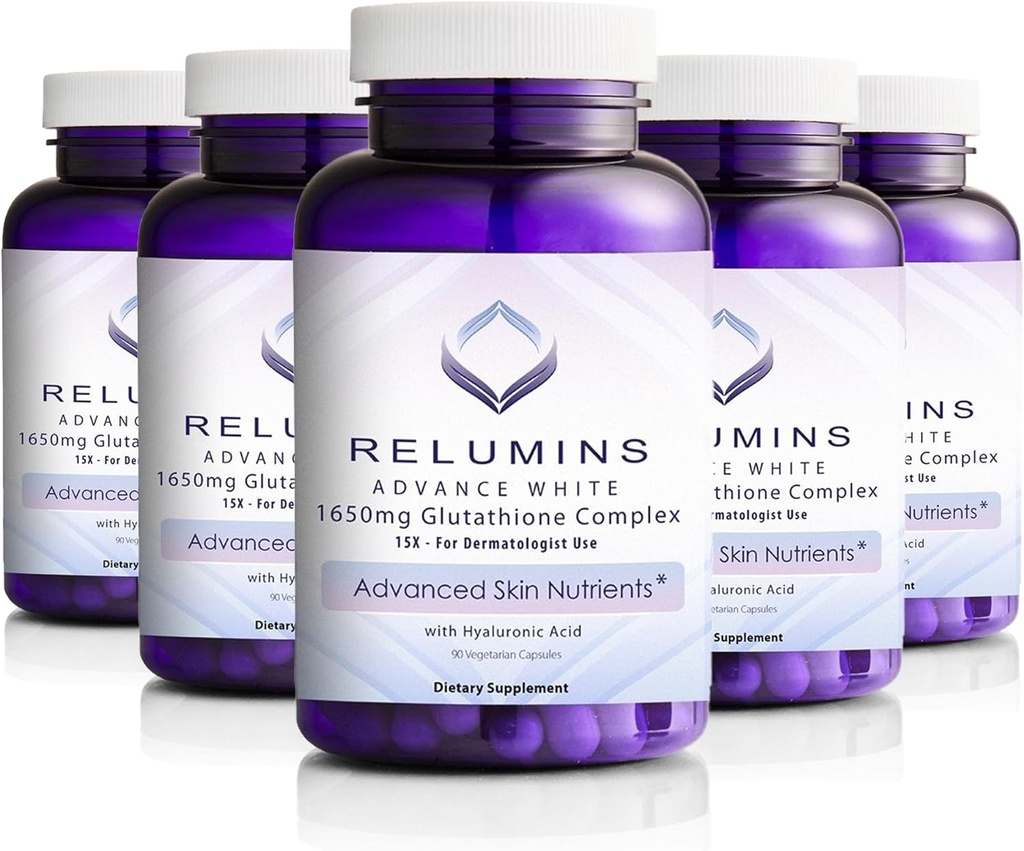 Relumins 1650mg L-Glutathione Complex with Hyaluronic Acid, Alpha Lipoic Acid, Rose HIPS, Vitamin E & Riboflavin, Antioxidant Support, Skin Hydration & Wellness, Made in USA – 90 Capsules x 5 Bottles