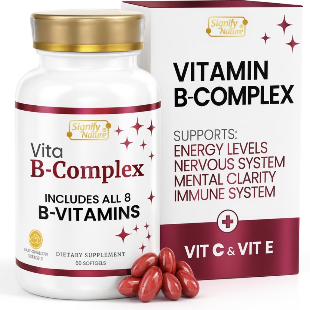 SIGNIFY NATURE VitaBComplex with Vitamin C and E, B 复杂 Vitamins for Men and Men, BComplex Supplements, B1, B2, B3, B5, B6, B8, B9, B12, 超级 B软胶 - 60 CT