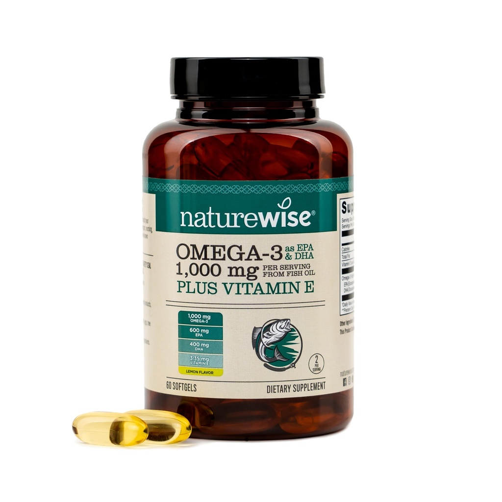 NatureWise Extra-Strength Omega 3 鱼油增产 - 每服1000毫克 - 600 EPA & 400 DHA and Vitamin E - 支持心脏和脑健康 - Lemon Flavor, GMO-Free - 60 Softgels [1-Month供应]