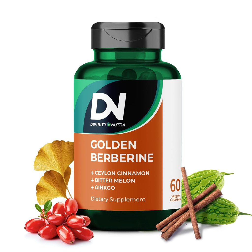 4-in-1 Golden Berberine Supplement with Ceylon Cinnamon Bitter Melon Ginkgo, 靴子豁免, Gut & Heart Health, 60 Capsules for Demobolism Support, Made in USA (英语).