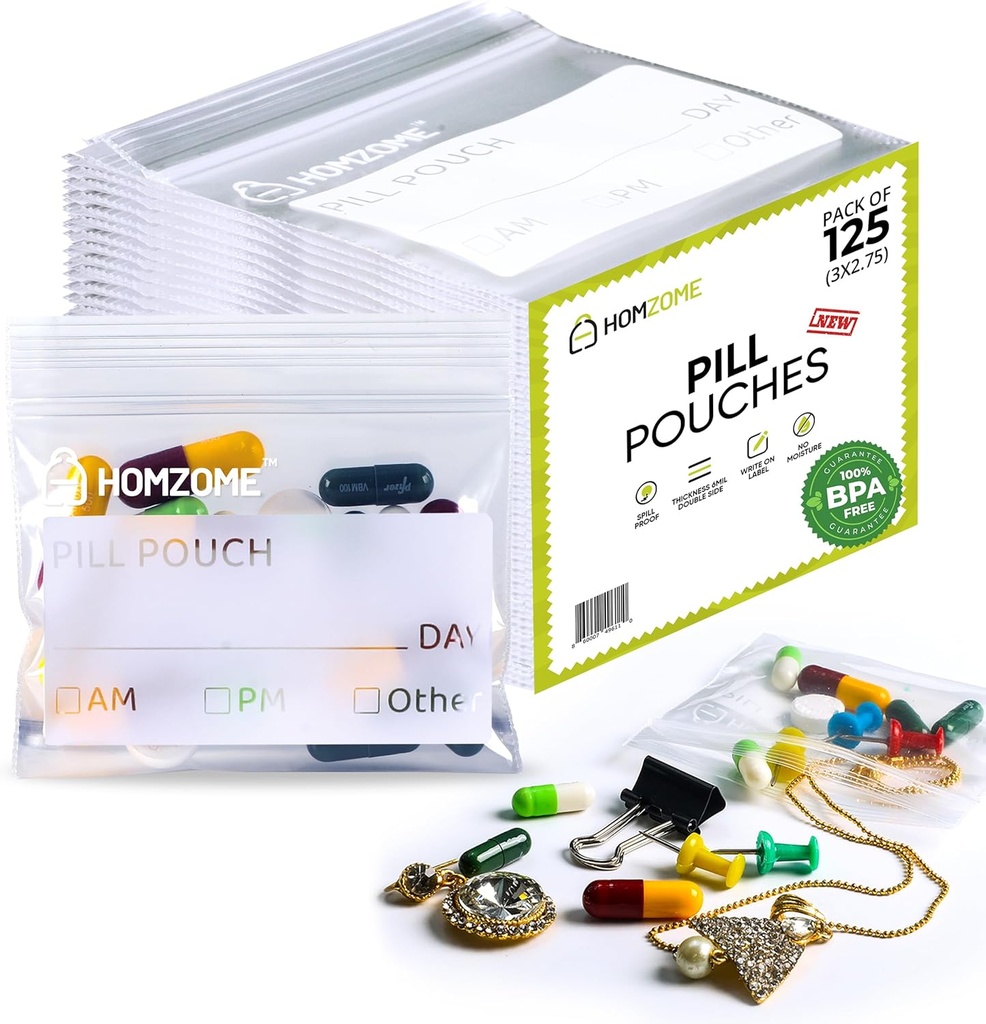 Pill Bags 6 mil - Pack of 125 - BPA Free 3x2.75英寸 可重新使用的Pill Pouges for Medicine 用标签上写作的Label Clear Small Razlock Bags 用于Pills,珠宝和旅行药丸组织者(Pack of 125)