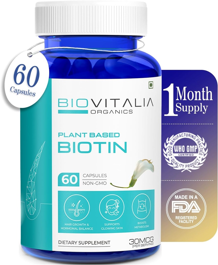 基于植物的纯生物素补充剂Capsules - 支持与Sesbania Grandiflora 葵花种子 Amla Beetroot & Spinach - 60 Veg Capsules 浓缩的更强的钉子和头发生长